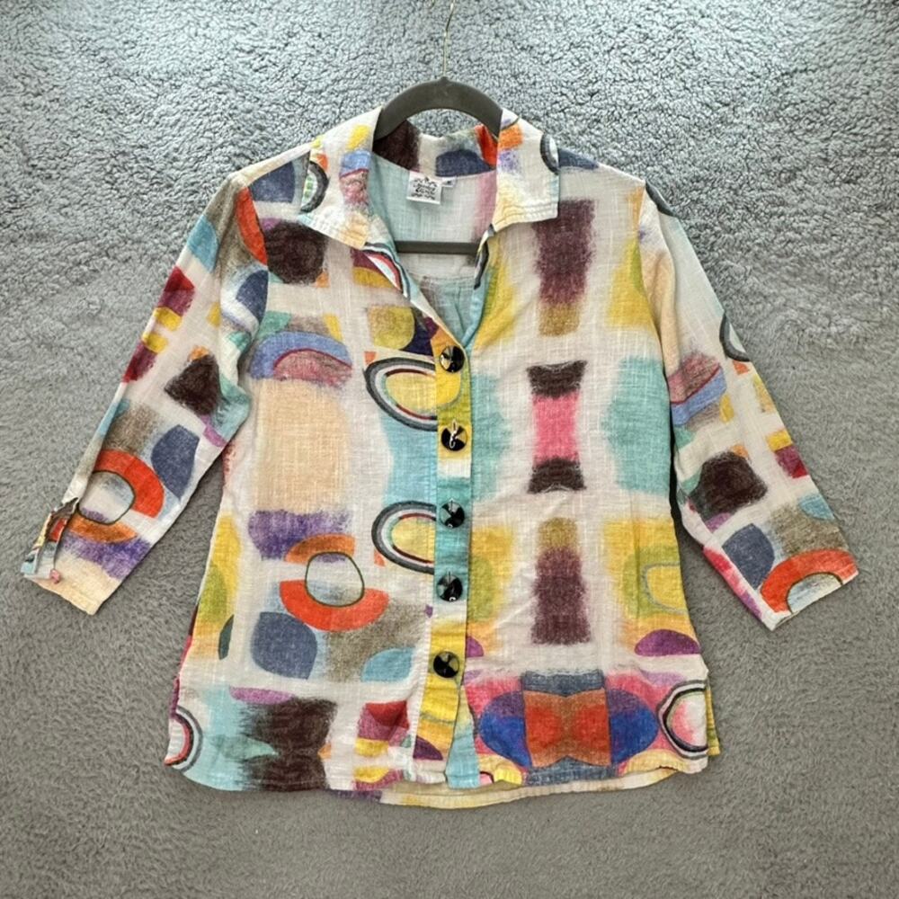 Parsley & Sage Women's Medium 100% Cotton Button Up Top Multicolor Art to Wear